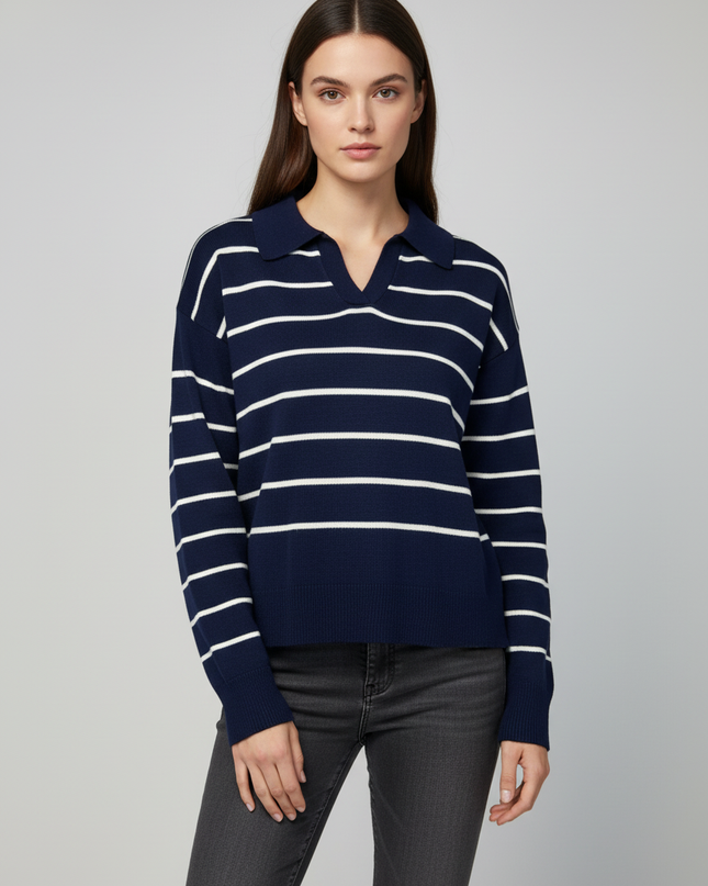 Trendyol Navy Blue Striped Polo Collar Knit Sweater