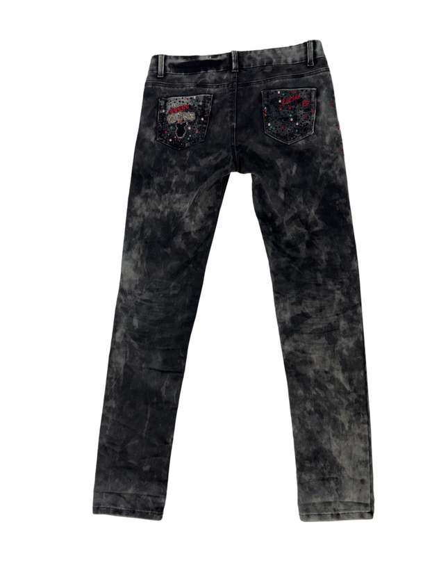 Cash Money Black Acid Wash Jeans – Rhinestone Torch & Butterfly Detail - M | Waist: 30