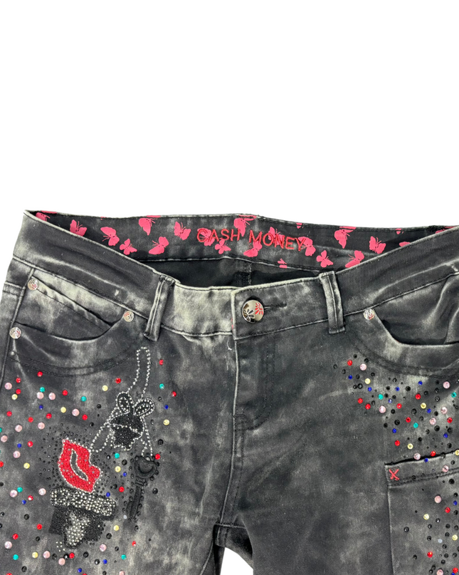 Cash Money Black Acid Wash Jeans – Rhinestone Torch & Butterfly Detail - M | Waist: 30