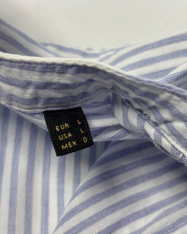 Massimo Dutti Blue and White Striped Mandarin Collar Shirt