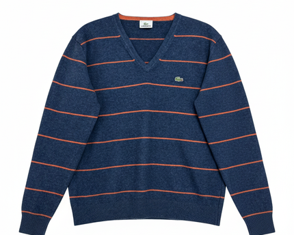 Lacoste Blue Striped V-Neck Knit Sweater