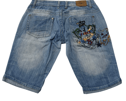 Fishbone Y2K Embroidered Edgy Skull & Anchor Denim Bermuda Shorts