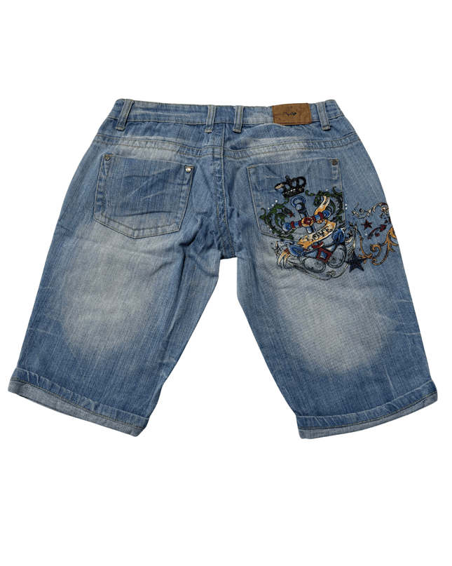 Fishbone Y2K Embroidered Edgy Skull & Anchor Denim Bermuda Shorts