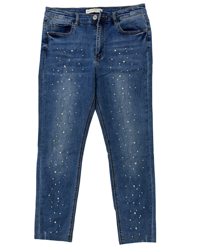 Stradivarius Medium Wash Pearl Embellished Super High Waist Skinny Jeans