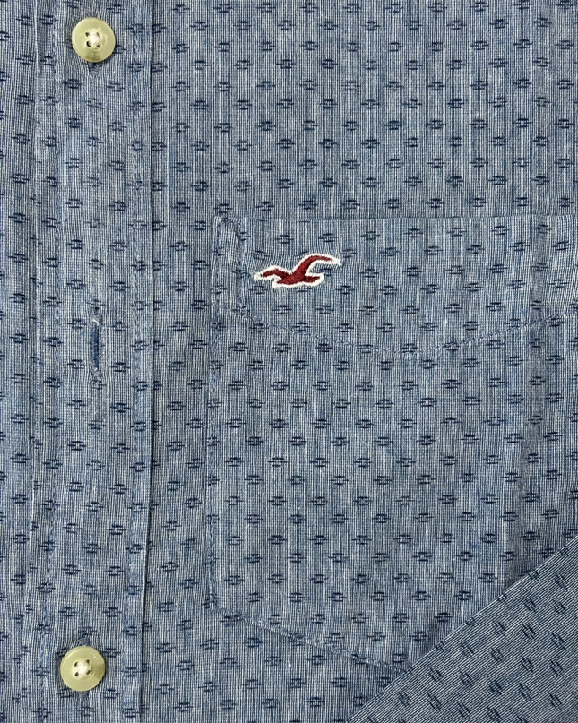 Hollister California Micro Print Indigo Blue Stretch Shirt - M