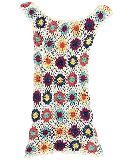 Handmade Retro Multicolor Floral Crochet Ivory Tank Dress - XS