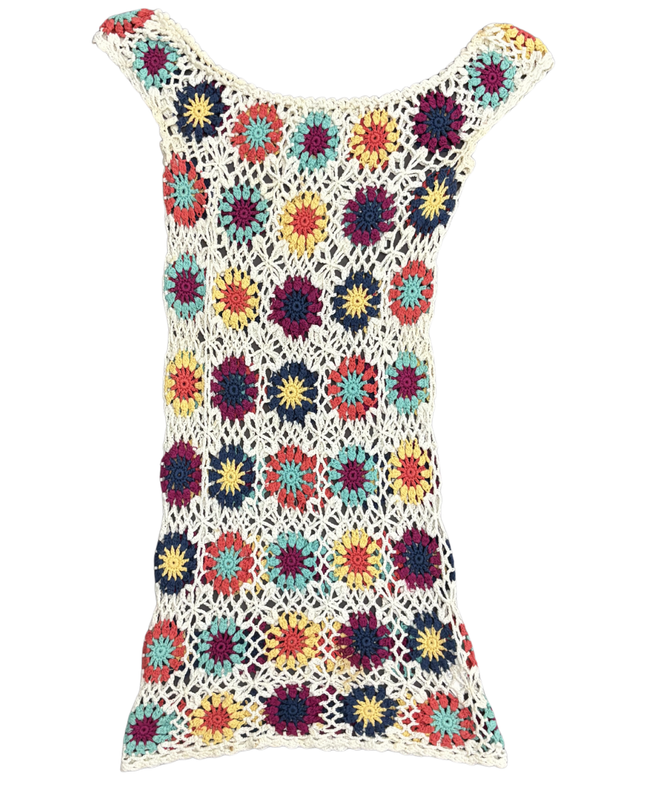 Handmade Retro Multicolor Floral Crochet Ivory Tank Dress - XS