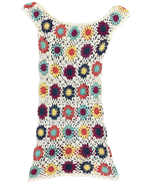Handmade Retro Multicolor Floral Crochet Ivory Tank Dress - XS