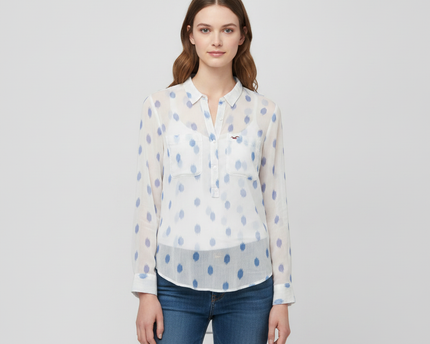 Hollister White/Blue Abstract Print Button-Down Blouse