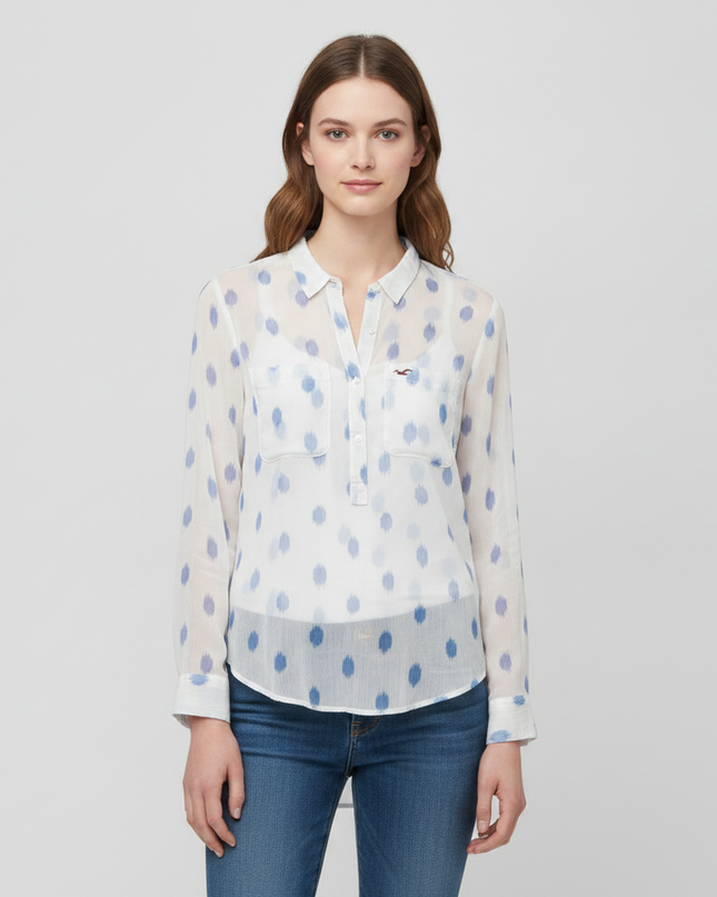 Hollister White/Blue Abstract Print Button-Down Blouse