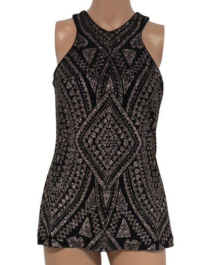 Le Chateau Black & Rose Gold Geometric Glitter Halter Dress