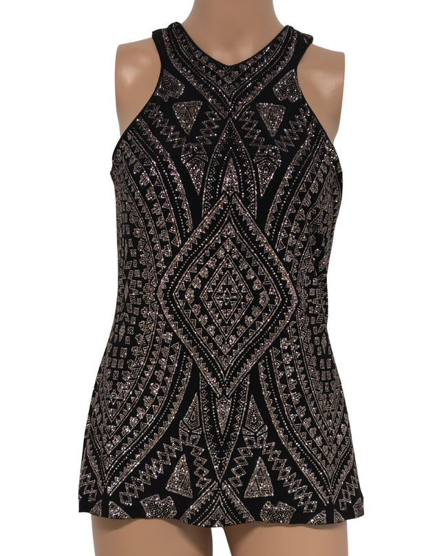 Le Chateau Black & Rose Gold Geometric Glitter Halter Dress