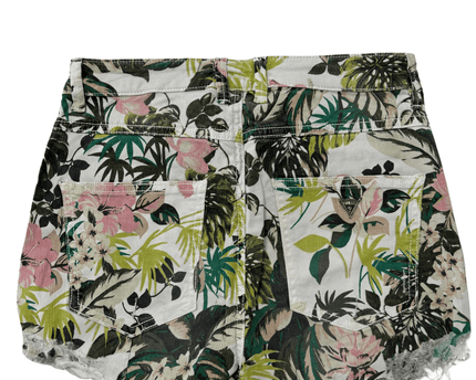 Guess Los Angeles Tropical Print Frayed Hem White Denim Shorts