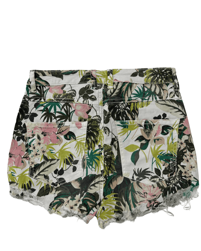 Guess Los Angeles Tropical Print Frayed Hem White Denim Shorts