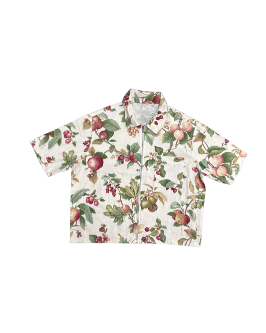 Vintage Fruit Print Zip-Up Short Sleeve Jacket Shirt -L