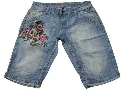 Fishbone Y2K Embroidered Edgy Skull & Anchor Denim Bermuda Shorts