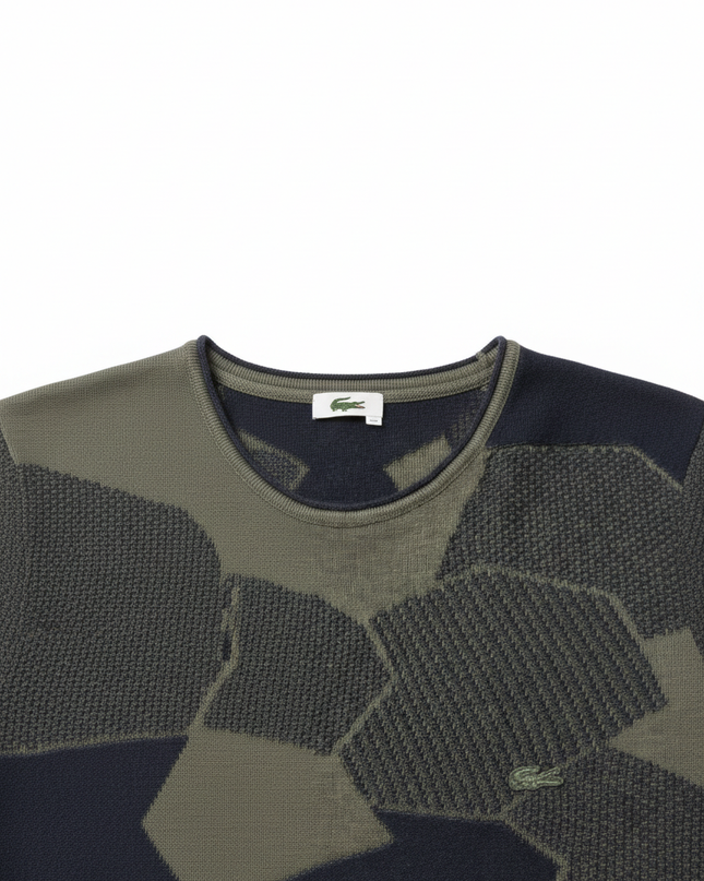Lacoste Olive/Navy Geometric Pattern Slim Fit Cotton Sweater