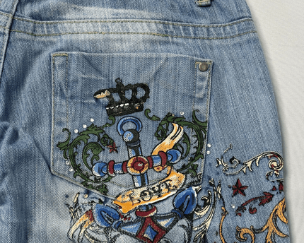 Fishbone Y2K Embroidered Edgy Skull & Anchor Denim Bermuda Shorts