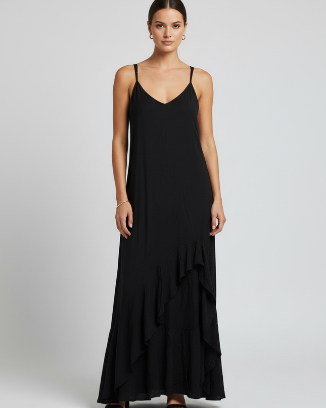 Billabong Black Textured Ruffle Hem Maxi Dress