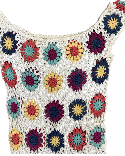 Handmade Retro Multicolor Floral Crochet Ivory Tank Dress - XS