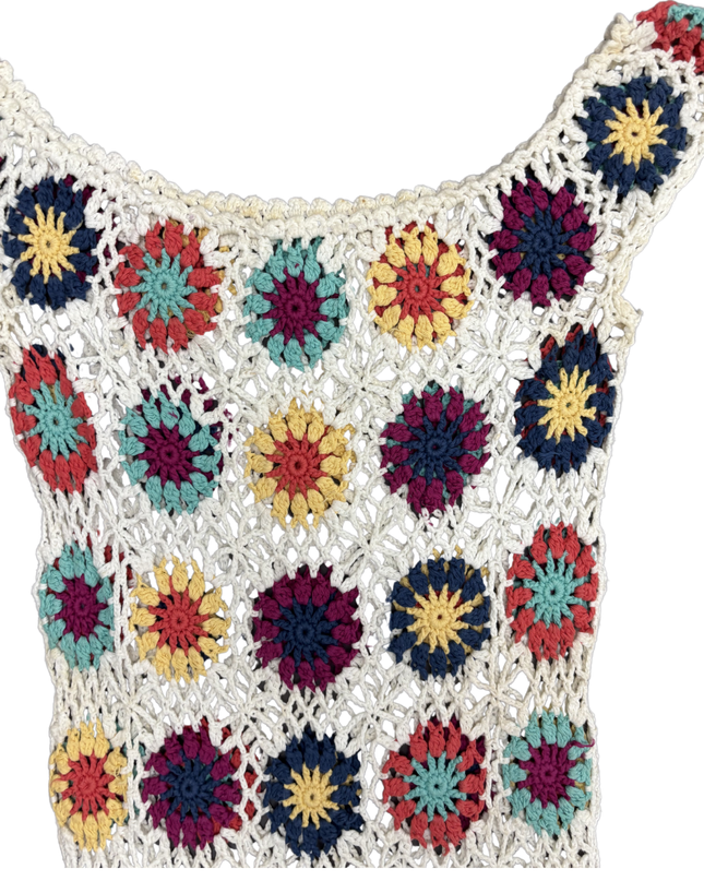 Handmade Retro Multicolor Floral Crochet Ivory Tank Dress - XS