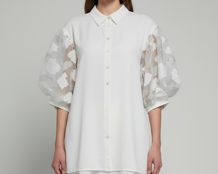 Anotah White Layered Blouse with Textured Statement Puff Sleeves