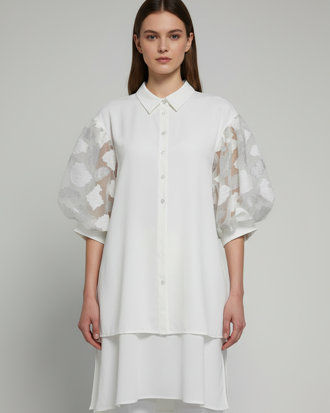 Anotah White Layered Blouse with Textured Statement Puff Sleeves