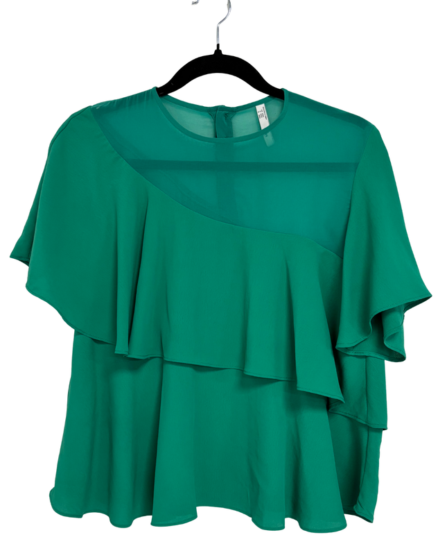 MNG Suit Emerald Green Asymmetrical Cascade Ruffle Blouse