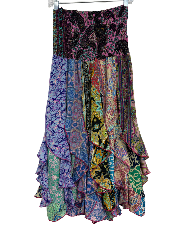 India Boutique Multicolor Boho Patchwork Tiered Ruffle Skirt - XS | Waist: 23"