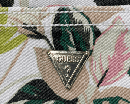 Guess Los Angeles Tropical Print Frayed Hem White Denim Shorts