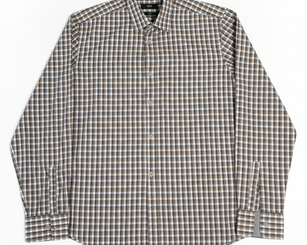 Boss Grey and Brown Checkered Slim Fit Long Sleeve Shirt