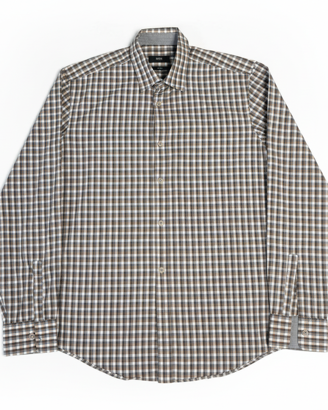 Boss Grey and Brown Checkered Slim Fit Long Sleeve Shirt