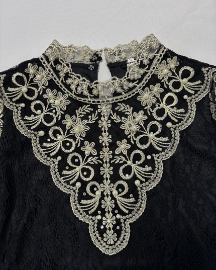 Lolita Gothic Pearl Embroidered Sheer Black Lace Victorian Blouse - XS