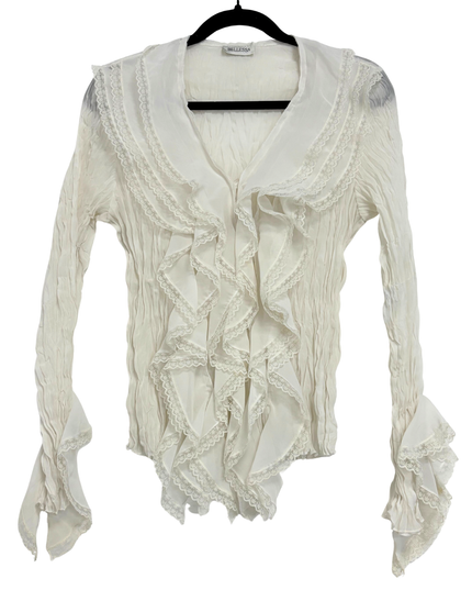 Bellessa Vintage White Victorian Style Crinkle Ruffle Blouse