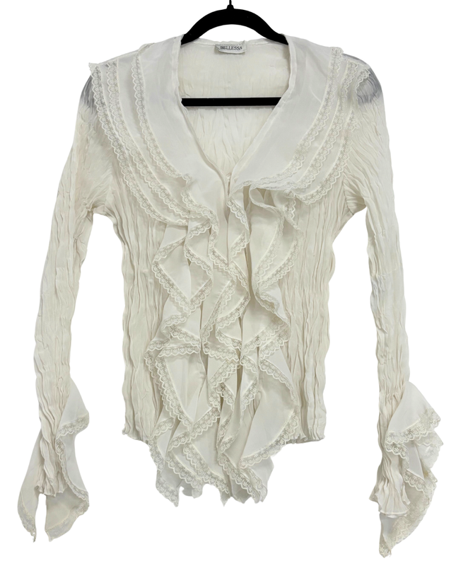 Bellessa Vintage White Victorian Style Crinkle Ruffle Blouse