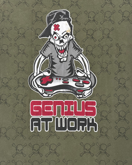 Backflip Olive Green "Genius at Work" Gamer Skull Graphic T-Shirt - M