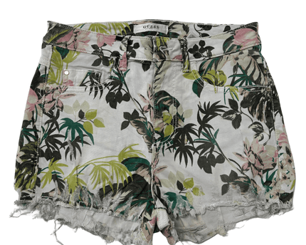 Guess Los Angeles Tropical Print Frayed Hem White Denim Shorts