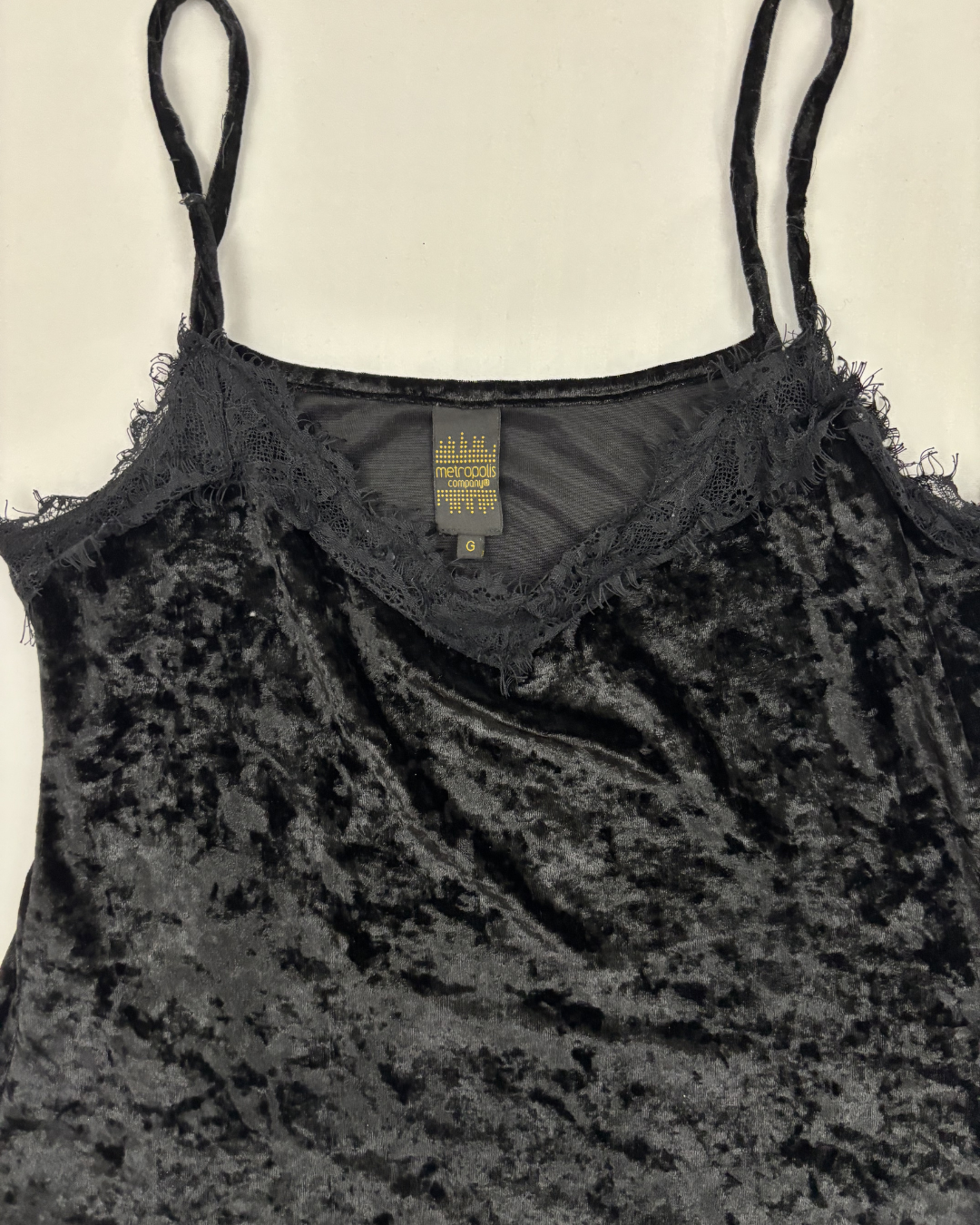 Metropolis Company Black Crushed Velvet Lace Trim Cami - XS