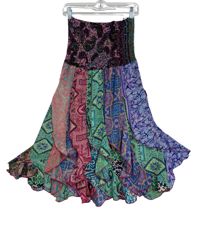 India Boutique Multicolor Boho Patchwork Tiered Ruffle Skirt - XS | Waist: 23"