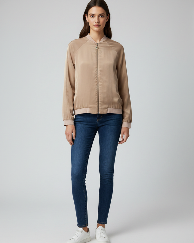 RT Beige Satin Lightweight Bomber Jacket