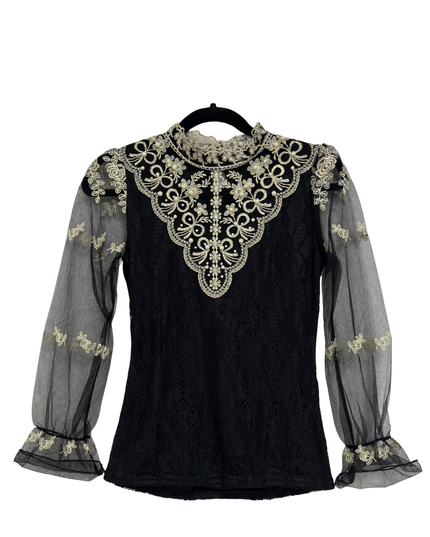 Lolita Gothic Pearl Embroidered Sheer Black Lace Victorian Blouse - XS
