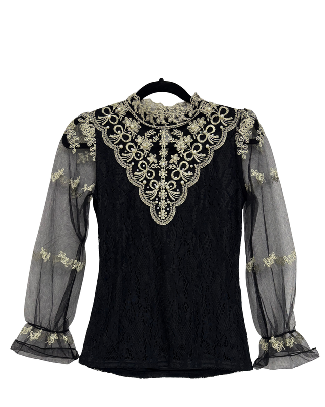 Lolita Gothic Pearl Embroidered Sheer Black Lace Victorian Blouse - XS