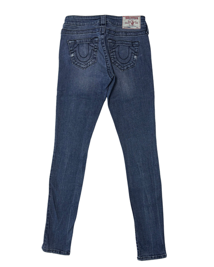 True Religion Moto Skinny Fit Blue Jeans with Zipper Pockets - S | Waist: 28"