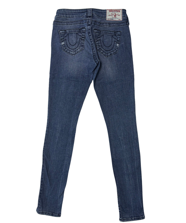 True Religion Moto Skinny Fit Blue Jeans with Zipper Pockets - S | Waist: 28"