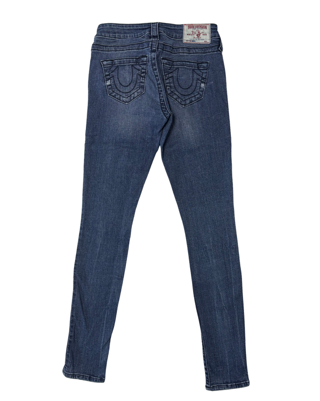True Religion Moto Skinny Fit Blue Jeans with Zipper Pockets - S | Waist: 28"
