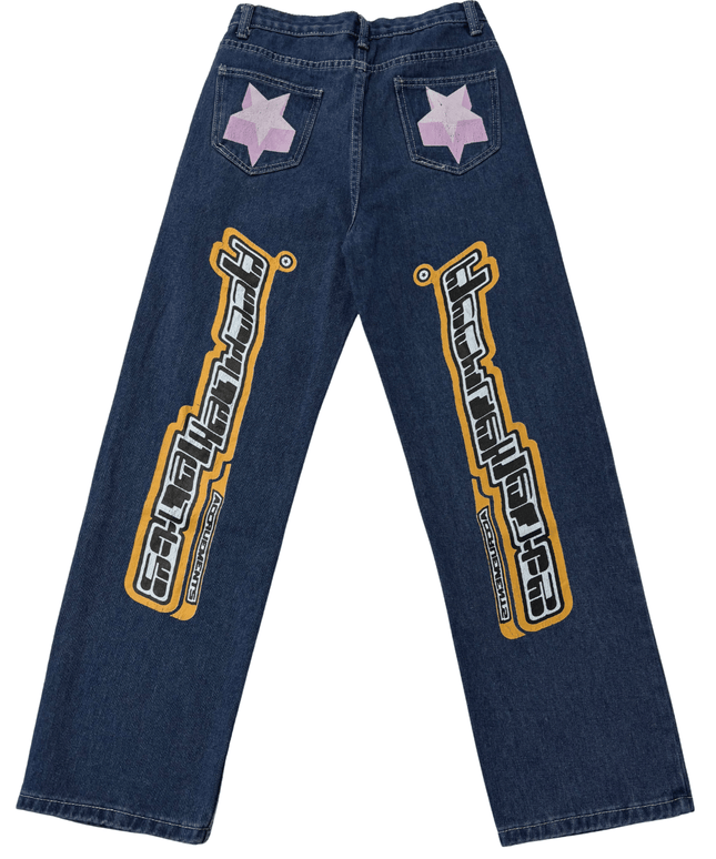 Ace Ruruets Galaxy Graphic Wide-Leg Blue Denim Jeans