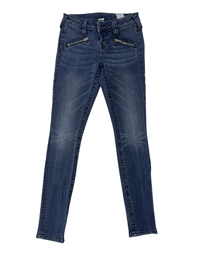 True Religion Moto Skinny Fit Blue Jeans with Zipper Pockets - S | Waist: 28"