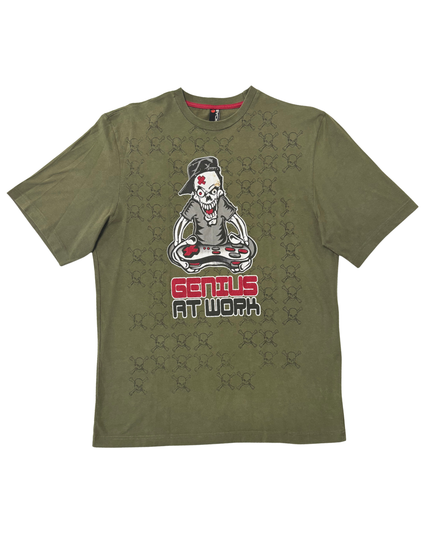 Backflip Olive Green "Genius at Work" Gamer Skull Graphic T-Shirt - M