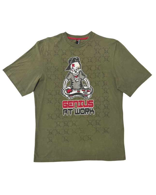 Backflip Olive Green "Genius at Work" Gamer Skull Graphic T-Shirt - M