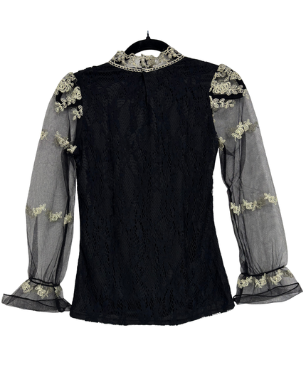 Lolita Gothic Pearl Embroidered Sheer Black Lace Victorian Blouse - XS